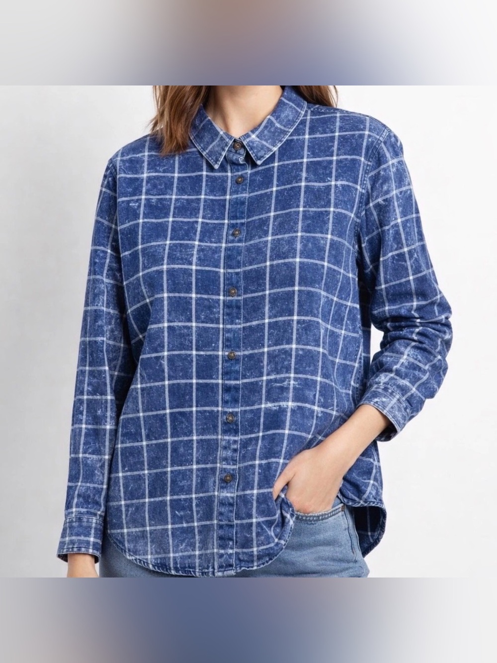 Thread & Supply Blue Square Pattern Button Up Shirt Womens Size XL NWT